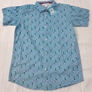 NWT Wurl Boys Size XL Blue Christmas Collared Shirt Green Santa Aliens Cruise
